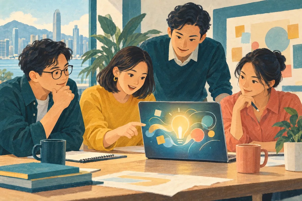 主題插畫：四人圍著手提電腦討論，螢幕顯示燈泡圖案。