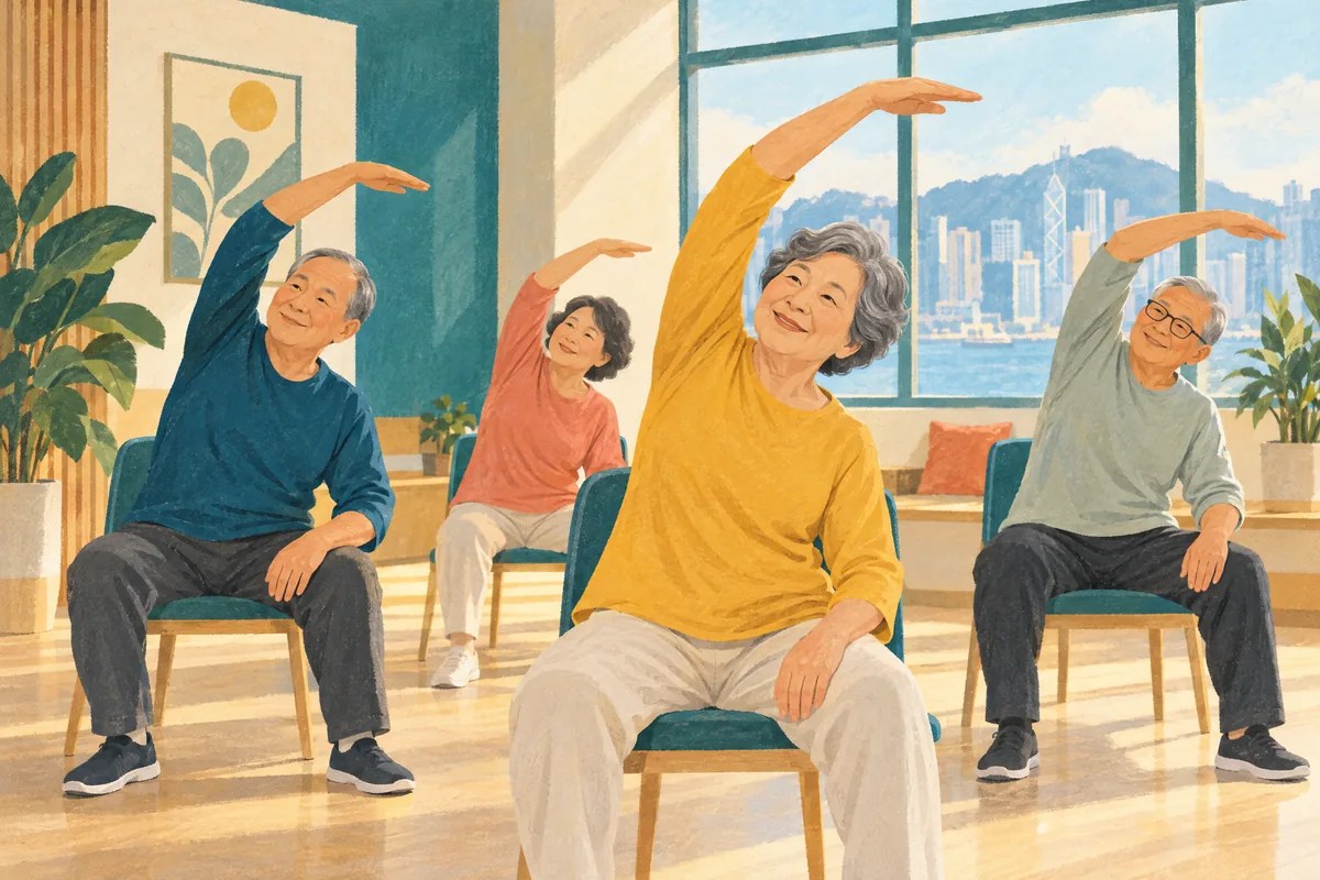 主題插畫：四位長者坐在椅子上，舉手做側身伸展。