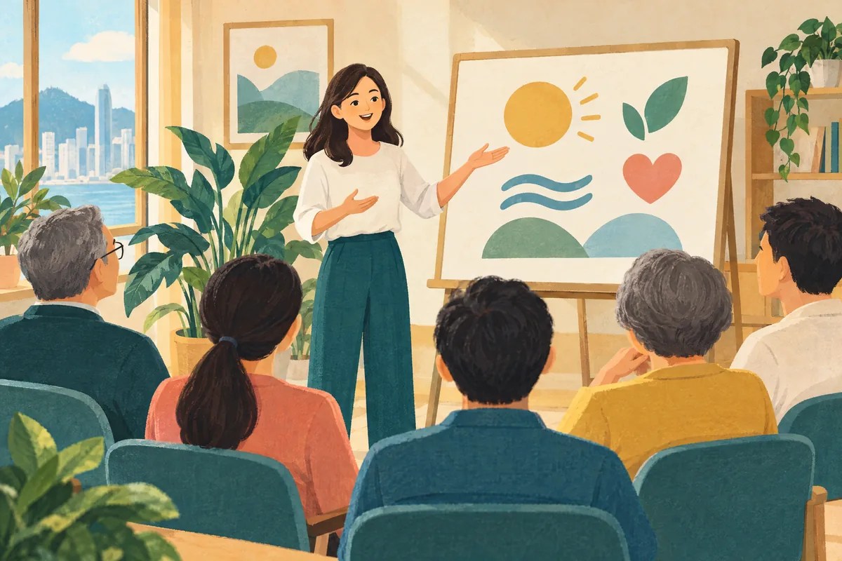主題插畫：講者在健康主題圖板旁解說，聽眾坐著聆聽。
